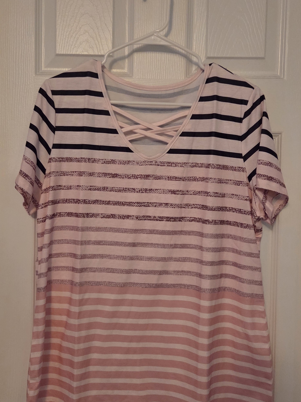 Source Unknown Pink, Black and White Striped Crisscross V-Neck Tee